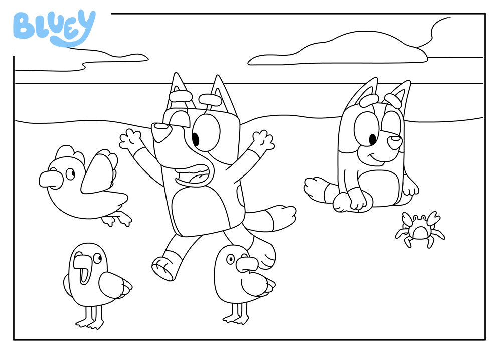 Print Your Own Colouring Sheet Of Bluey At The Beach