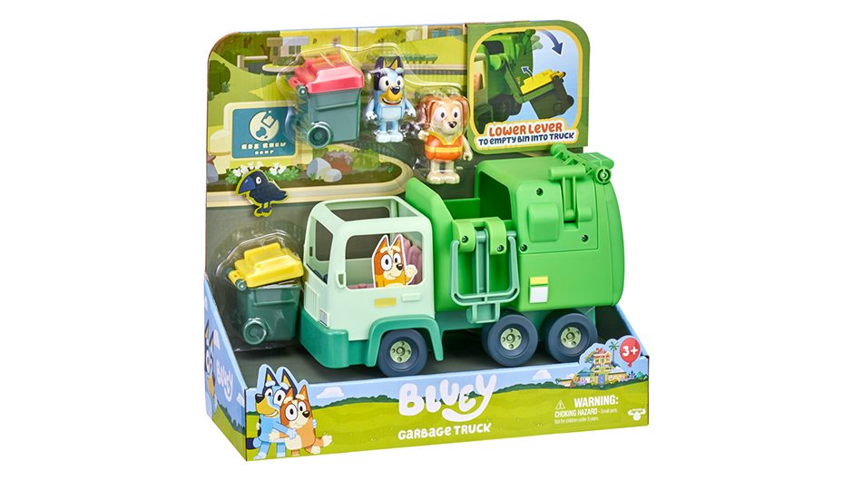 Image of toy play set including garbage/bin truck, two wheelie bins, bin man and Bluey figurine.
