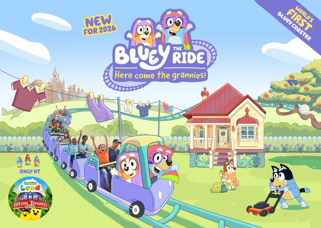 A colorful promotional poster for “Bluey: The Ride – Here come the grannies!” launching in 2026 at Alton Towers. The scene shows a whimsical roller‑coaster themed around the animated show Bluey. Cartoon versions of Bluey and Bingo ride at the front of a purple coaster train, followed by excited park guests. The track winds through a bright backyard setting with a clothesline full of granny costumes, Bluey’s house, and Bandit mowing the lawn. Promotional badges highlight that it’s the world’s first Bluey coaster and available only at CBeebies Land in Alton Towers.