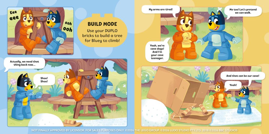 Pages from the Lego Duplo Flatpack book showing the reimagined versions of Bluey and Bingo from the episode
