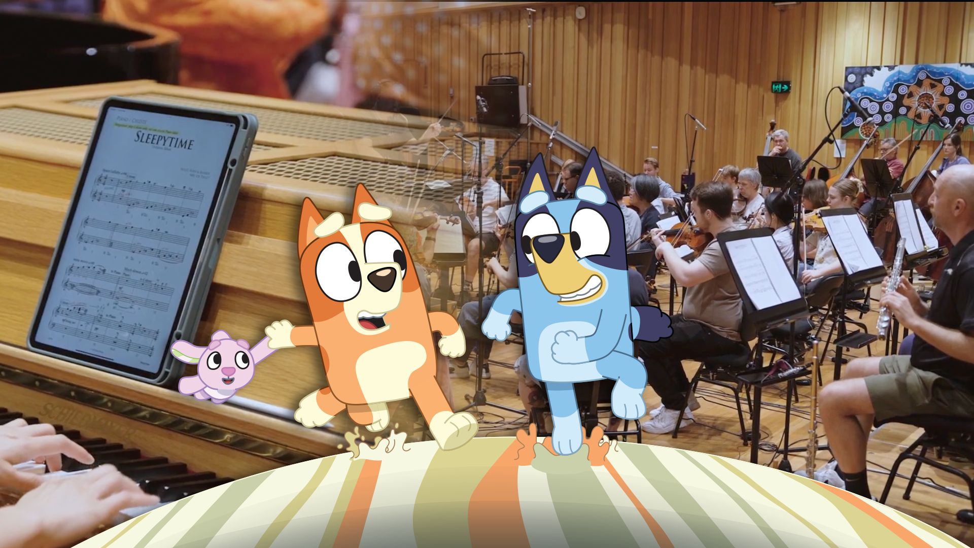 Bluey and Bingo superimposed onto Sleepytime Orchestra Music Video