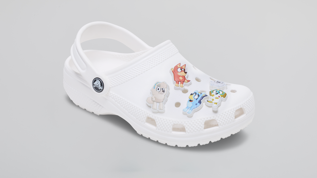 Bluey Crocs with Jibbitz Charms of Judo, Rusty, Honey, Bluey and Pom Pom.