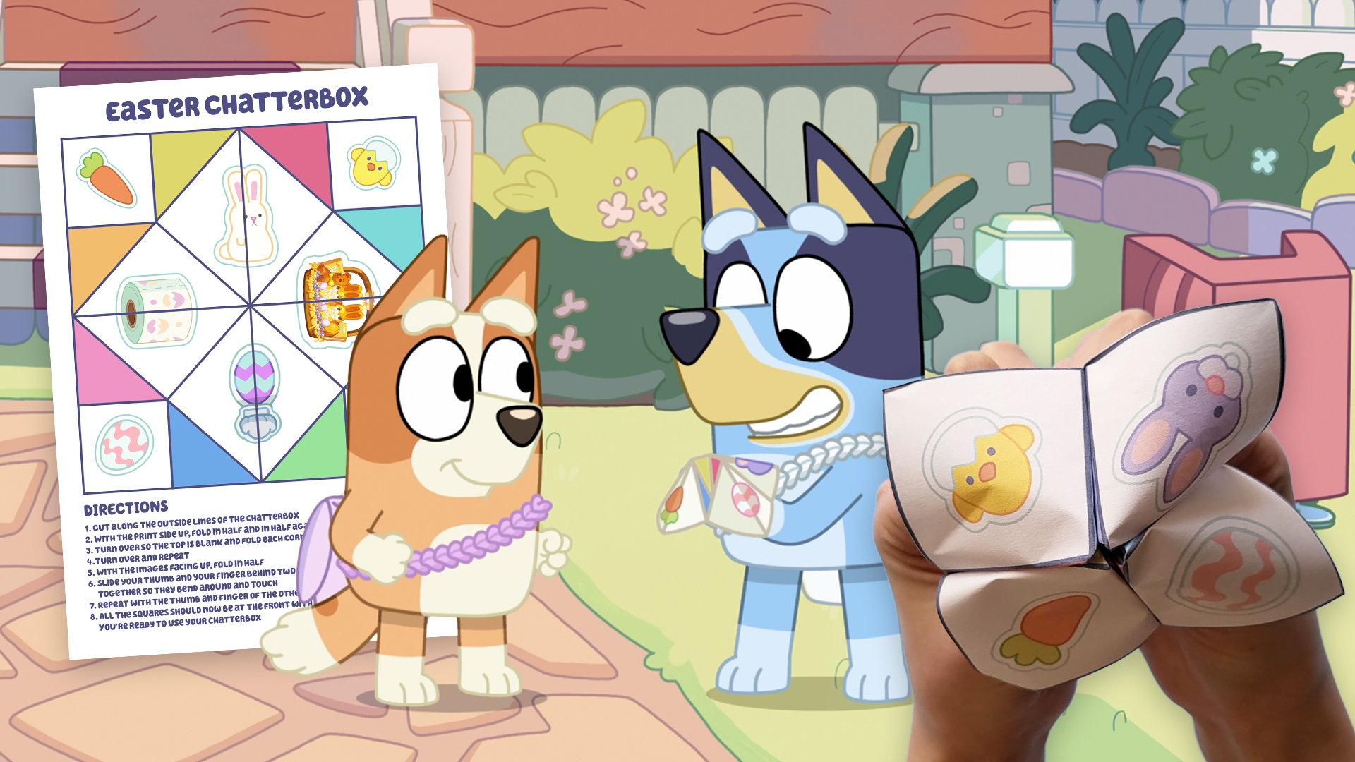 Bluey and Bingo play with an Easter Chatterbox in their front yard.