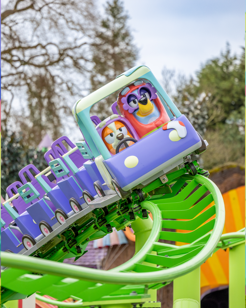 Bluey and Bingo (as Grannies) ride the Bluey coaster at Alton Towers.
