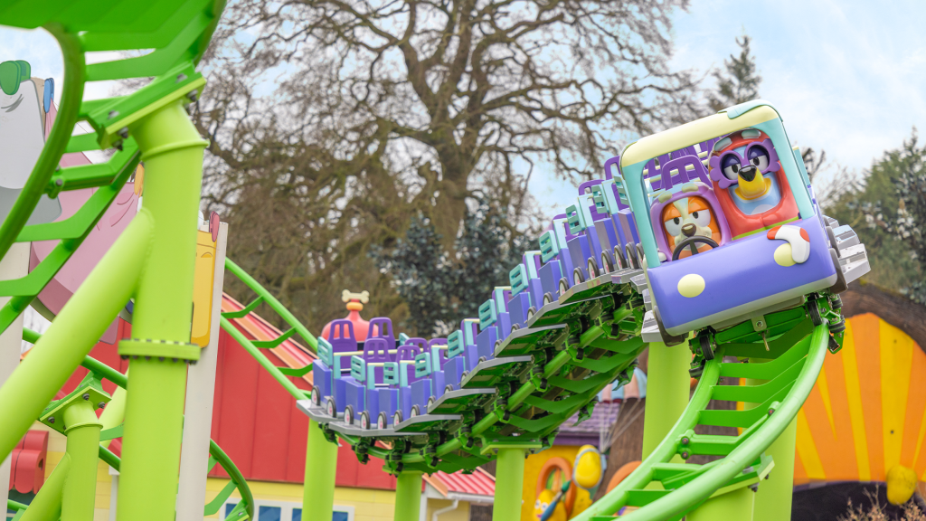 Bluey and Bingo (as Grannies) ride the Bluey coaster at Alton Towers.