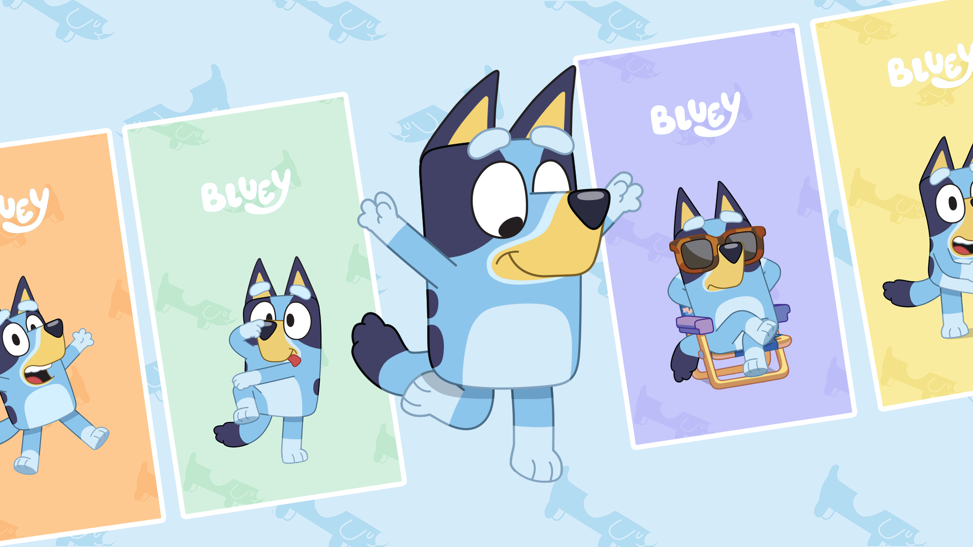 Bluey Jumping on a pastel blue background - with a line of other Bluey wallpapers in the background
