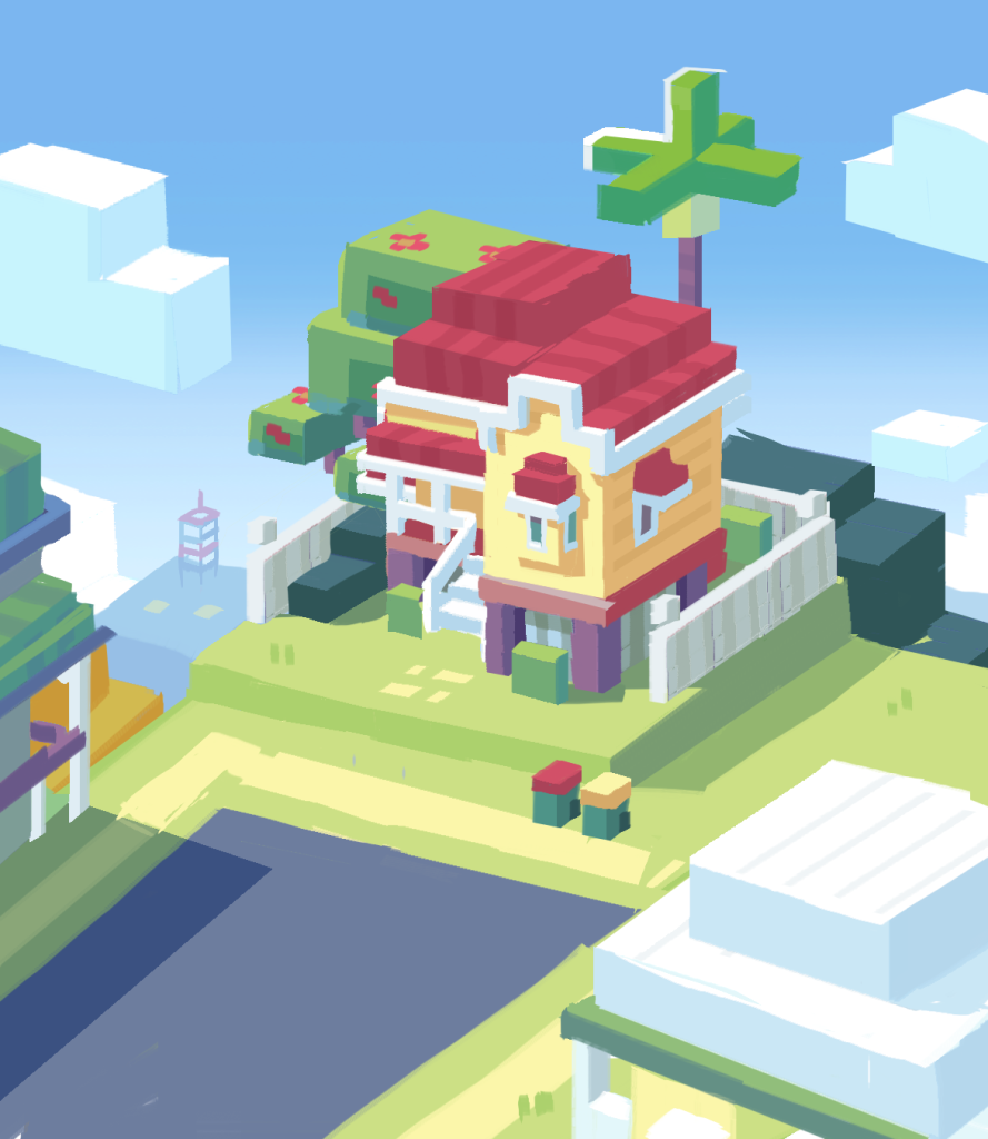 Concept art comparing Bluey's house in a voxel game environment.