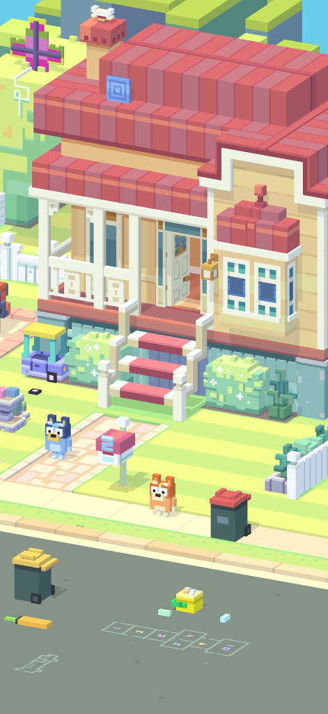 Pixel-art platform game set outside of the Heeler's house.