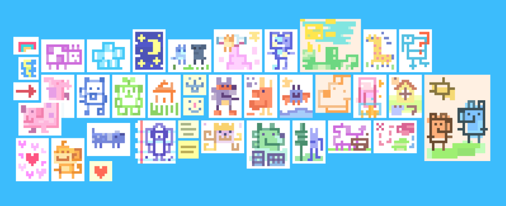 Collection of colourful pixel-art drawings displayed on a wall.