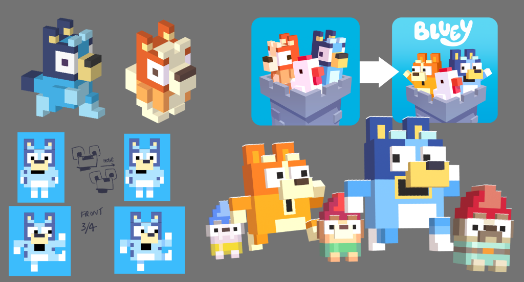 Character and environment concepts for a Bluey-inspired pixel game.