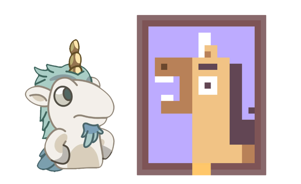 Illustration of Unicorse beside a pixel-art unicorn portrait.