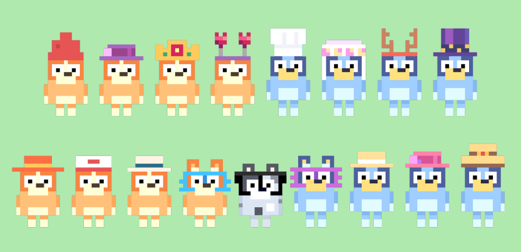 Bluey, Bingo and Muffin wearing various costumes and hats.