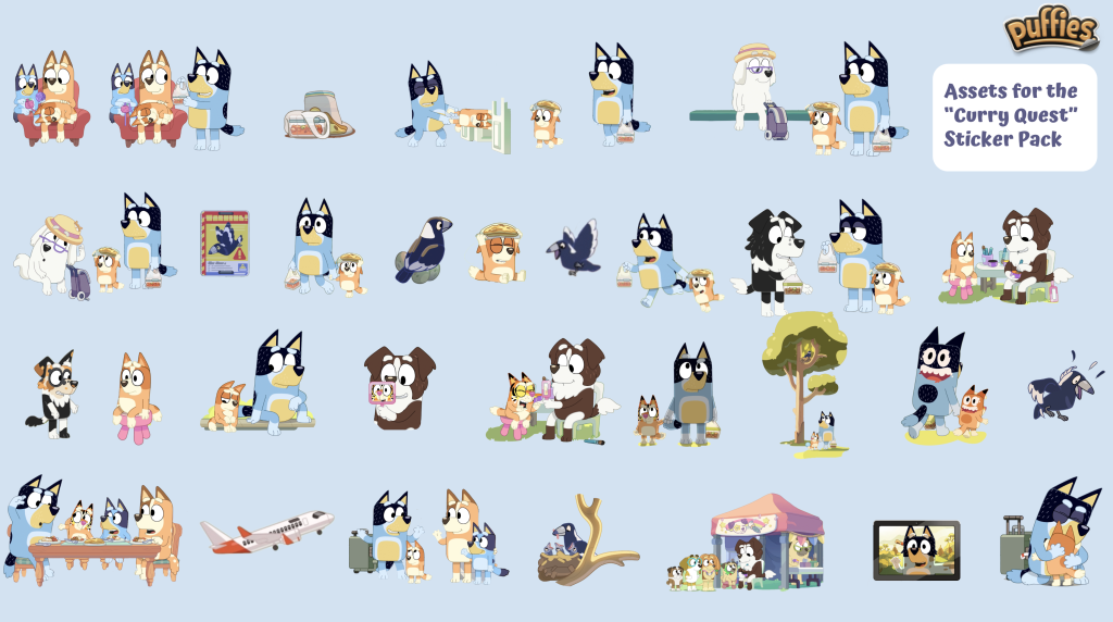 Collection of character and prop artwork created for the Curry Quest Puffies sticker pack.