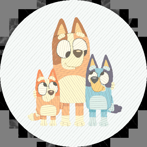 Stitch embroidered-style illustration of Bluey, Bingo and Chilli standing together.