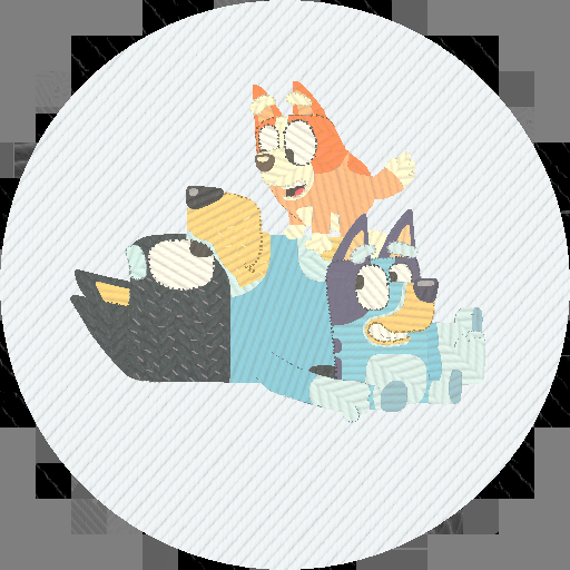 Stitch embroidered-style illustration of Bandit lying down with Bluey and Bingo playing on him.