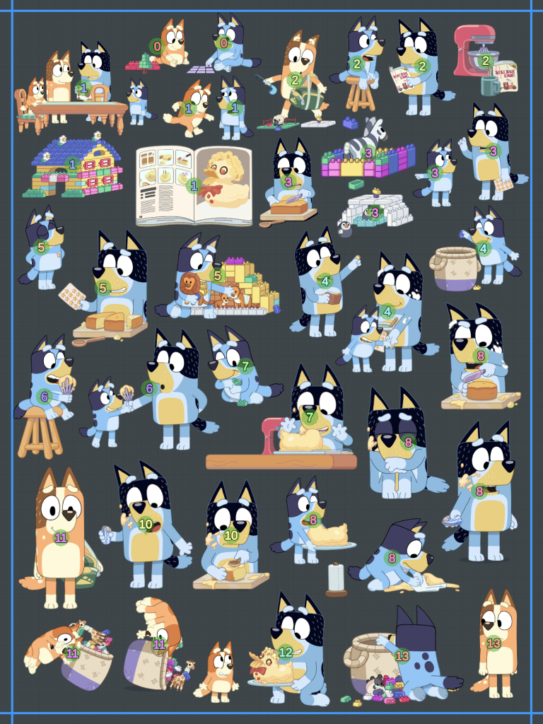 Puffies sheet showing Bluey and family characters, props and scenes from the Duck Cake episode.