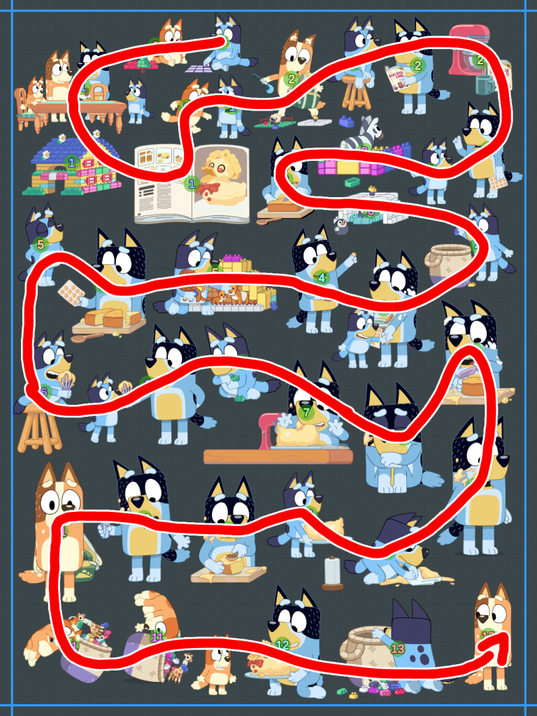 Puffies sheet showing Bluey and family characters, props and scenes from the Duck Cake episode.