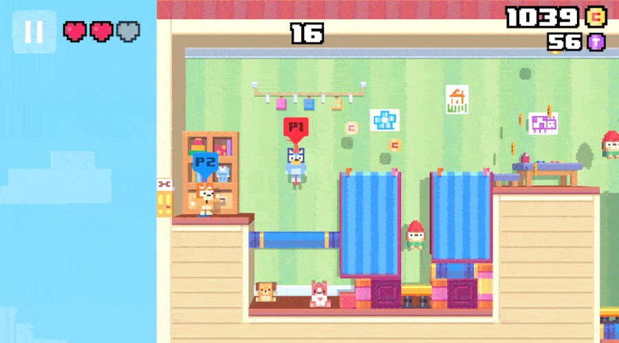 Pixel-art gameplay showing Bluey and Bingo inside a playroom filled with platforms, toys and collectibles