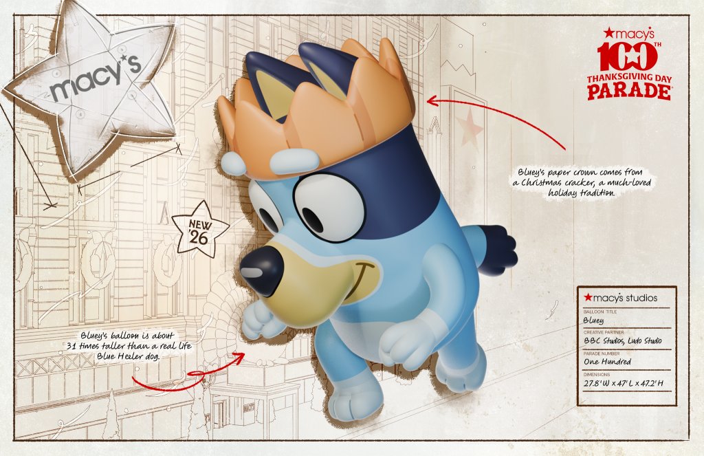 Illustration of the Bluey balloon wearing an orange paper crown for the 2026 Macy’s Thanksgiving Day Parade